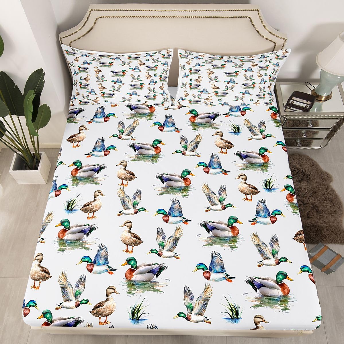 Twin Size Duck Bed Sheet Set Boys Girls Wild Duck Print Fitted Sheet for Kids Women Men Ultra Soft Grey Bedding Set Duck Hunting Bed Cover Room Decor