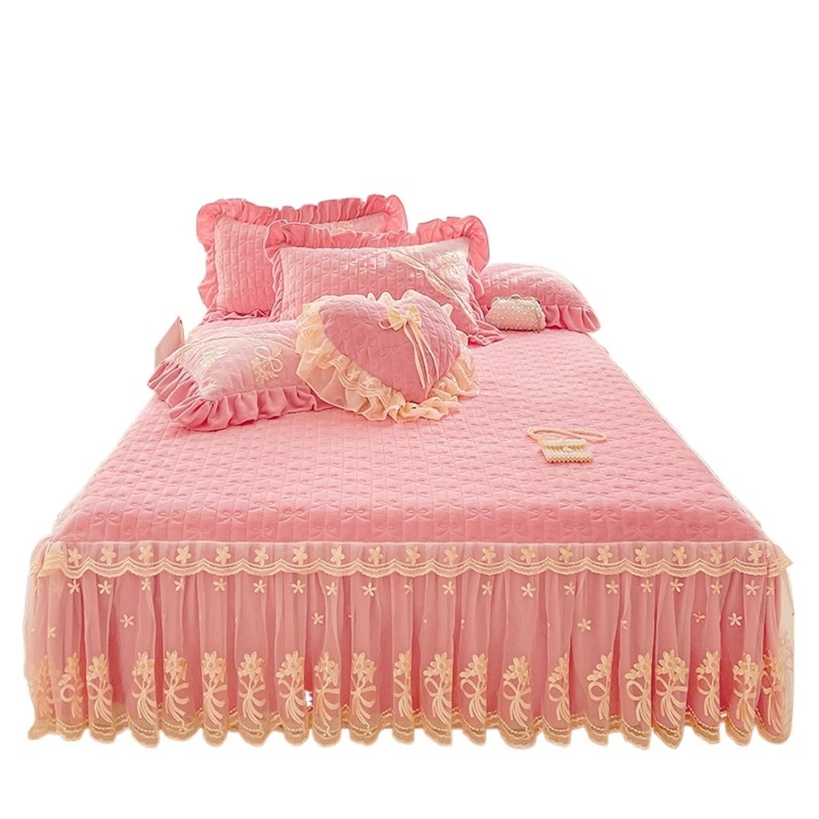 3/6Pcs Thickened Crystal Velvet Bed Skirt, Flowers Lace Embroidery Sheet, Bedspread, Quilted Cover, Pillowcases(Pink,150X200cm 6pcs)