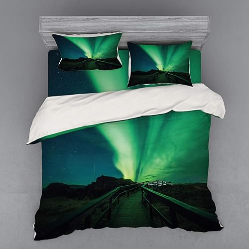 Ambesonne Aurora Borealis Duvet Cover Set, Wooden Bridge Solar Sky Scenic Radiant Rays Arctic Magic Scenery, 4 Piece Bedding Set with Shams and