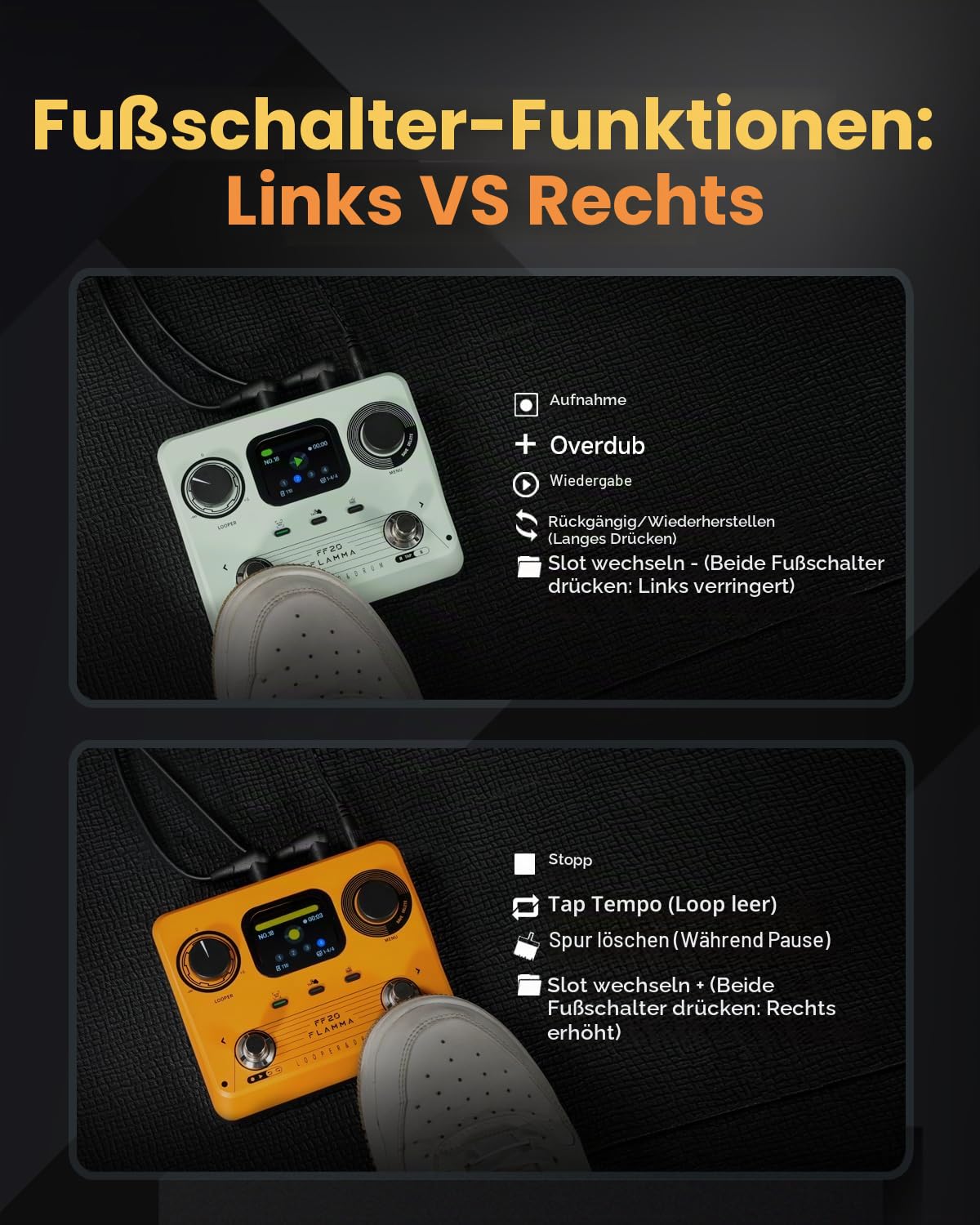 FLAMMA FF20 Looper-Pedal mit integrierter Drum-Maschine – 300 Min Stereo-Aufnahme, 220 Drum-Grooves, 100 Speicherplätze, Time-Stretch, Auto-Record, USB & Kopfhörerausgang – für Gitarre & Bass