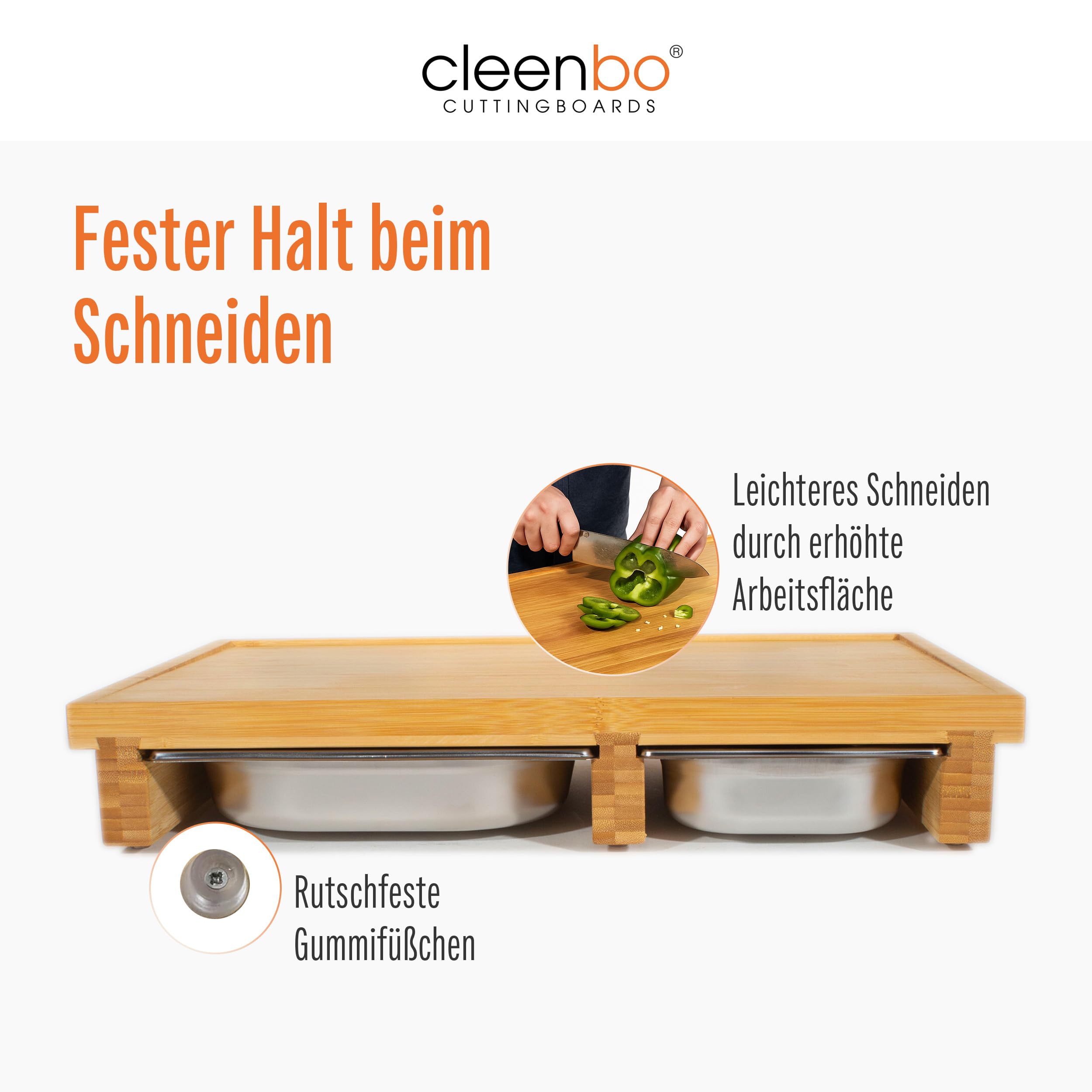 Schneidebrett "duo classic bamboo BBQ" mit zwei Auffangbehälter, Profi Holz Küchenbrett - Schneidbrett XXL extra groß aus Bambus mit 2 Edelstahl Auffangschalen & Saftrille - 55 x 38 x 8,7cm
