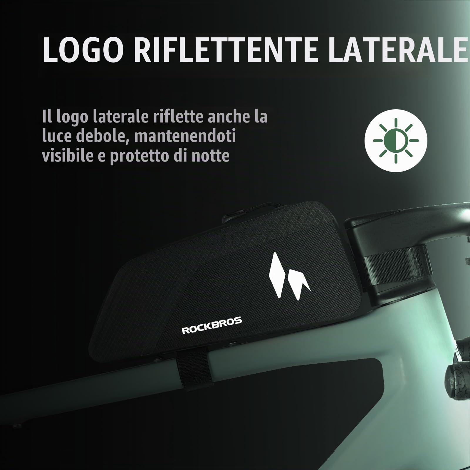 ROCKBROS Borsa Telaio Bici 100% Impermeabile 1L, Design Ergonomico | Sgancio Rapido, Mantiene la Forma, con Logo Riflettente, Borsello Tubo Superiore per MTB, Bici da Corsa, Gravel