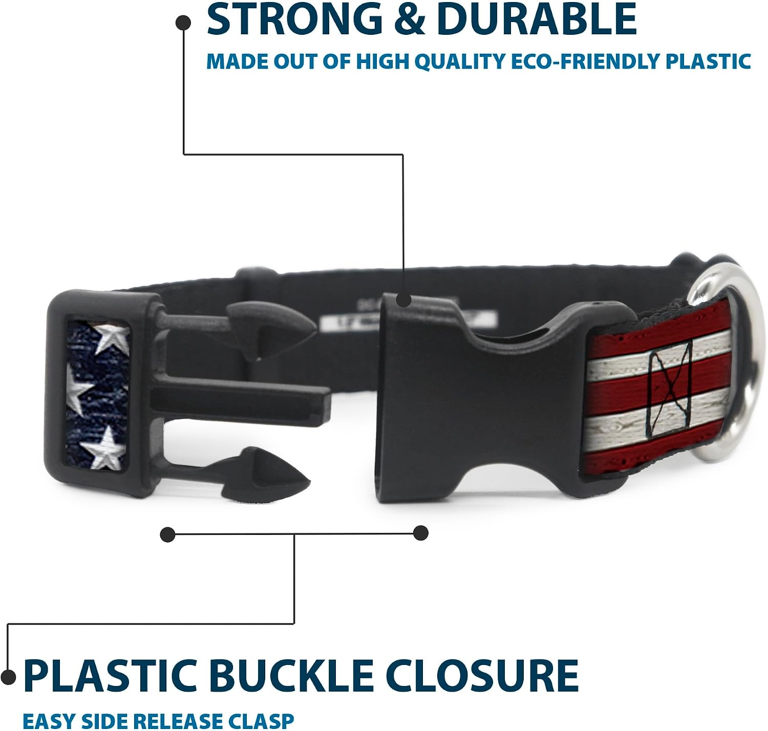 Buckle-Down Americana Rustic Stars & Stripes Plastic Clip Collar, 1/2" x 8-12"/Medium image 4