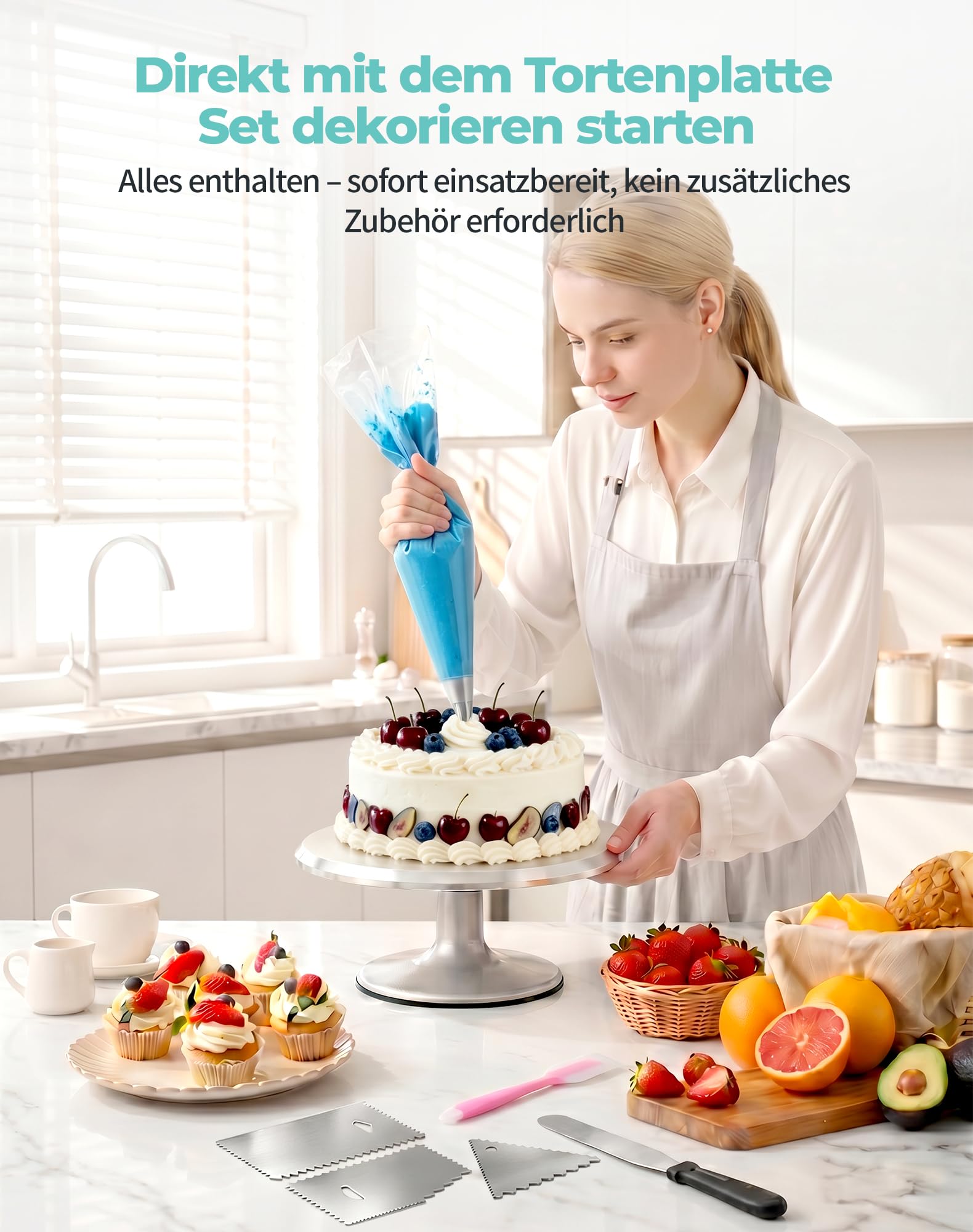 Tortenplatte Drehbar 30cm aus Alu Tortendrehteller mit 360° Rotation Tortenzubehör Set mit Spritztüllen Kuchendeko Set Cake Tools Tortendrehscheibe Kuchen Drehteller Drehbare Tortenplatte zum Deko