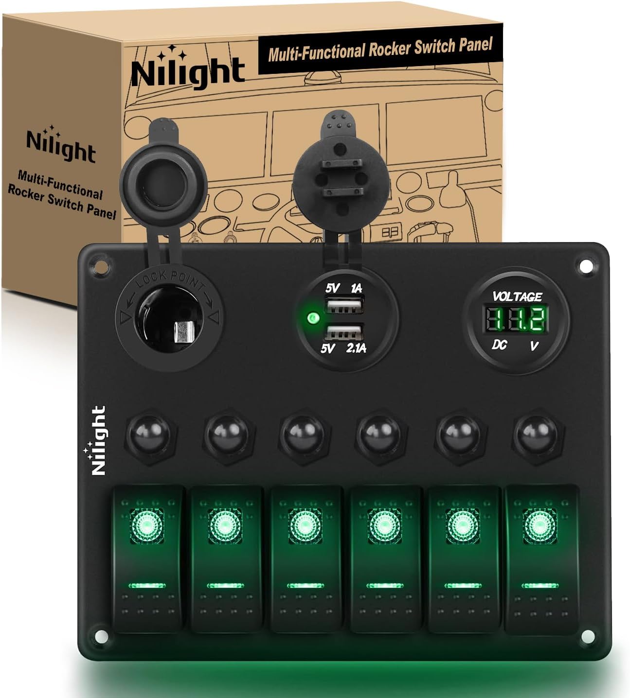 Nilight - 90123F 6 Gang ON Off Rocker Switch Panel Green Backlit 12V24V LED Digital Voltmeter Dual USB Charger Cigarette Lighter Socket Overload Protection Switch Panel For Cars RVs Boats