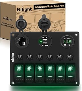 Nilight - 90123F 6 Gang ON Off Rocker Switch Panel Green Backlit 12V24V LED Digital Voltmeter Dual USB Charger Cigarette Lighter Socket Overload Protection Switch Panel For Cars RVs Boats
