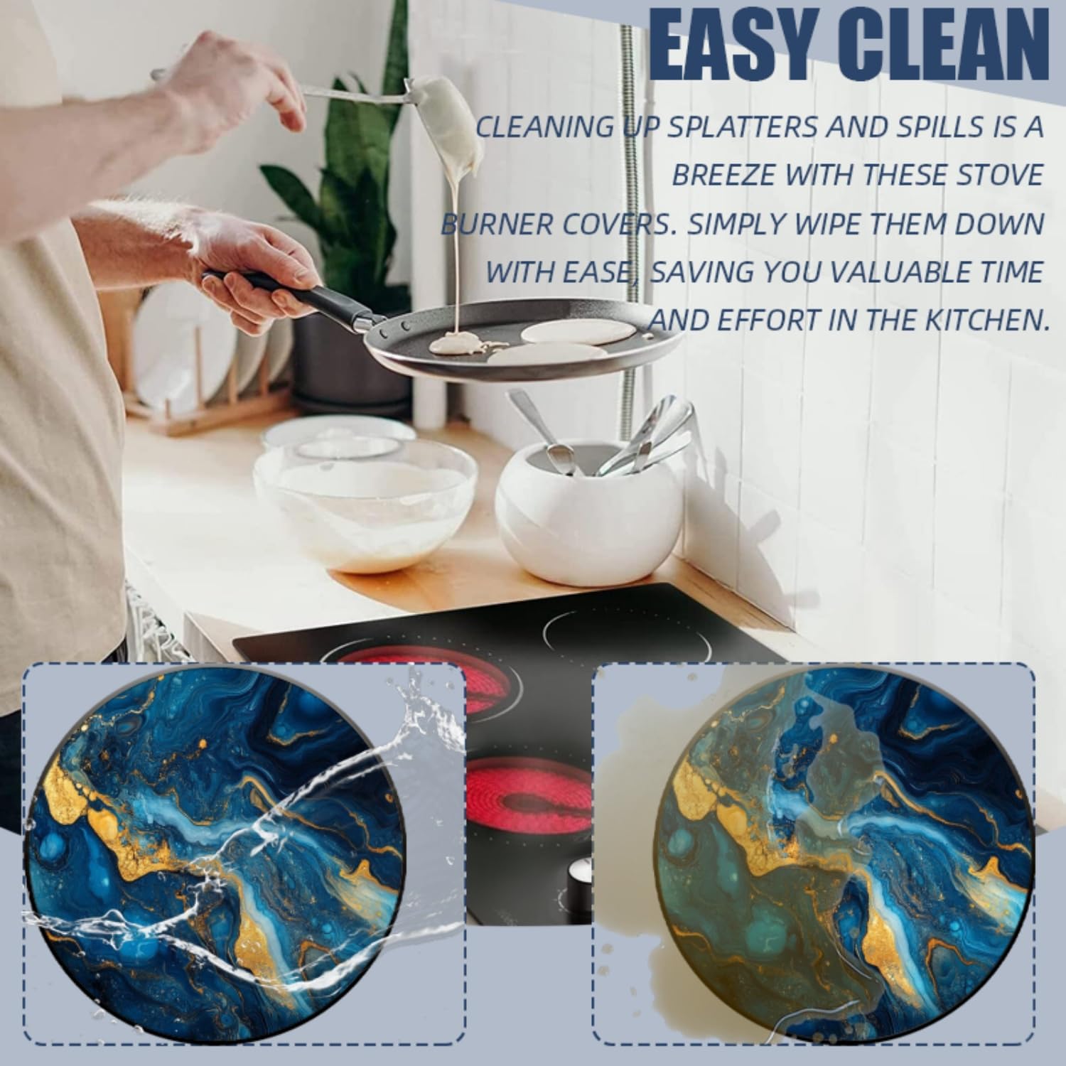 Electric Stove Top Covers Set of 4 for Range Accessories, Blue And Gold Marble Grain Gas Stove Top Covers for Expanding Counter Space Stovetop Decor