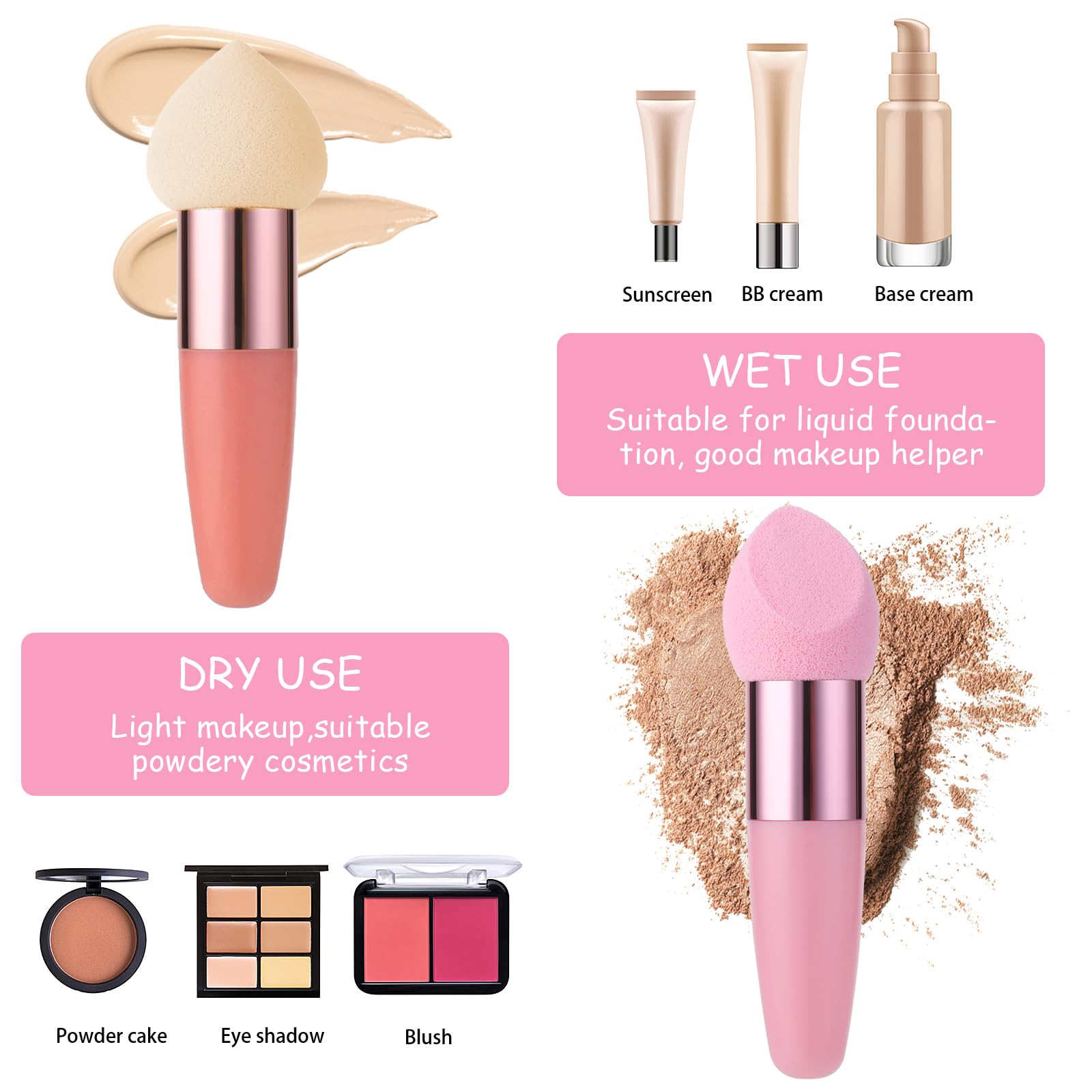 Sibba Make Up Schwammhalter Puderquaste 6 Stück Beauty Mixer Mischapplikator Pilze Foundation Pinsel Gesichts Creme Griff Pinsel Kosmetikkopf Kleiner Rouge Make Up Set Concealer (Rosa, Beige)