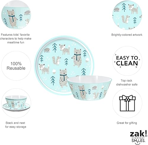 Miniatura 5 de zak! Forest Friends - Juego de vajilla de 5 piezas, plástico duradero y acero inoxidable, incluye botella de agua, plato de 8 pulgadas, cuenco de 6
