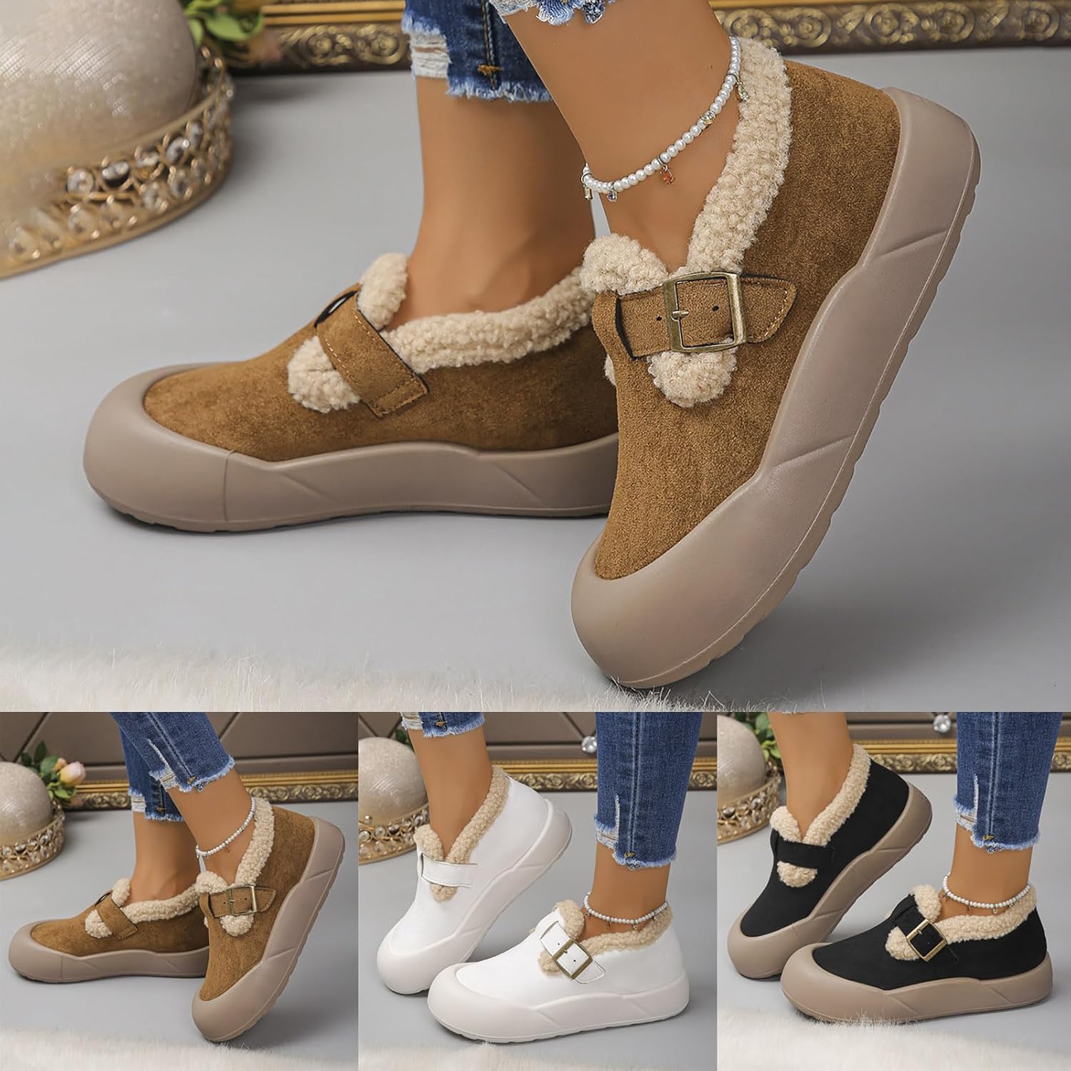Winter Boots for Women Outdoor Warm Cold Weather Anti-Slip Suede Booties Platform Fuzzy Lined Slip On Snow Shoes Womens Casual Plush Buckle Strap Round Toe Comfortable Walking Loafers