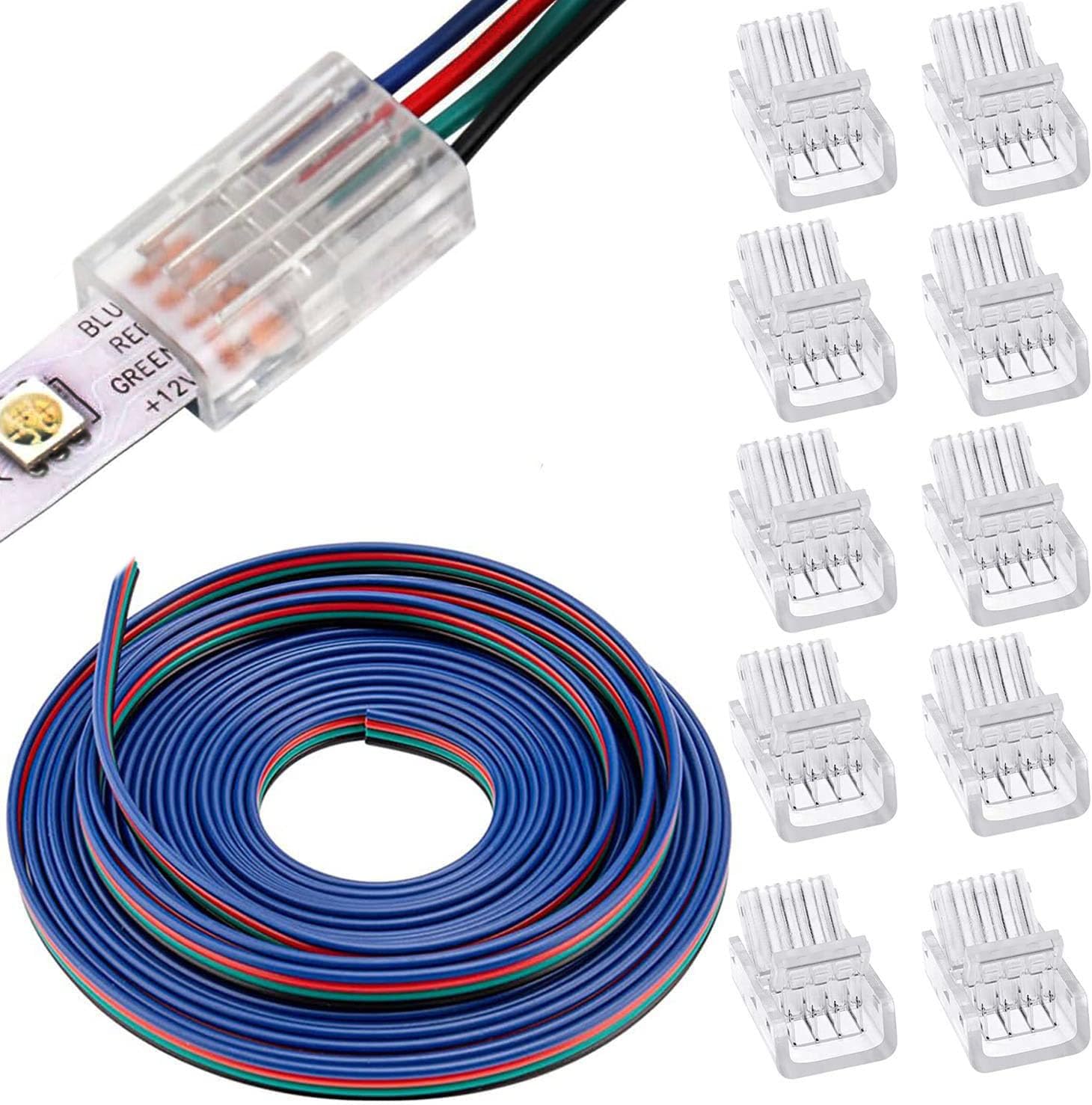 5050 4 Pin 10mm RGB LED Light Connector Kit, Includes 5 M led Extension Cable,4 Pin LED Light Connector,Gapless Connector, for 10mm LED Strip to Wire Quick Connection