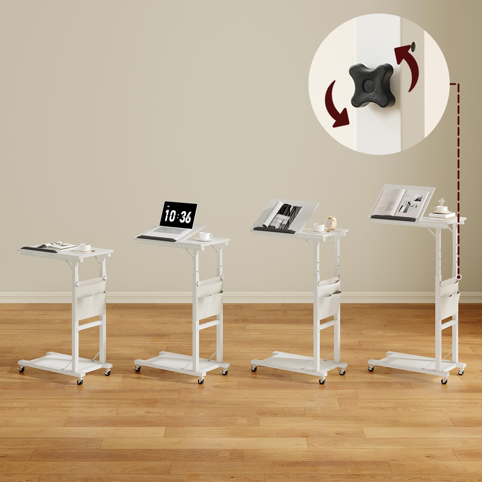 MAHANCRIS Tavolino da Letto Mobile con Altezza e Inclinazione Regolabili, Supporto PC con Ruote e Tasche Laterali, Tavolino da Divano con Vassoio per Colazione e Lettura, Bianco AMTWT6001