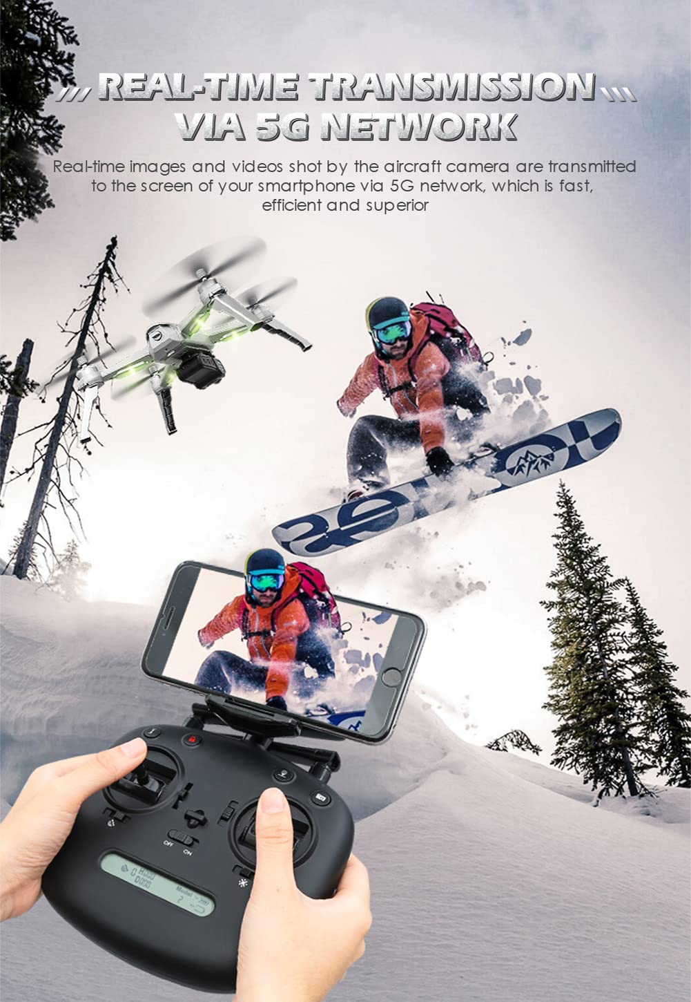 Drone RC con Fotocamera, Drone Video per Adulti, Luce Notturna a LED, Follow Intelligente, Ritorno al Posizionamento GPS, Motore brushless, Trasmissione di Immagini Live 5G WiFi, avvolgiment