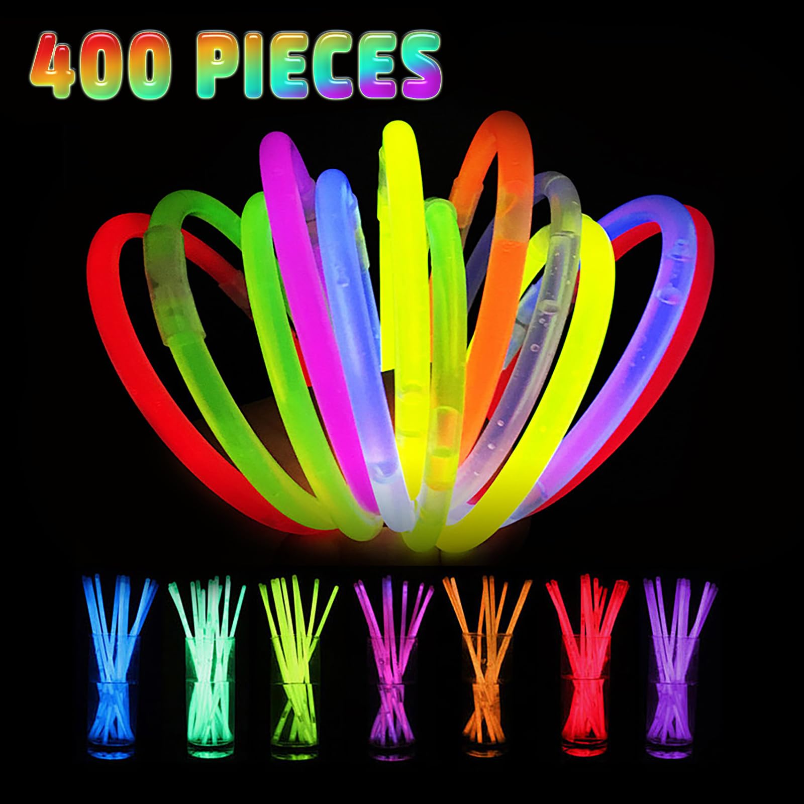 400 varillas brillantes a granel, pulseras iluminadas de neón y collares brillantes con conectores, palos que brillan en la oscuridad, Pascua, Navidad, paquete de suministros de fiesta de Halloween