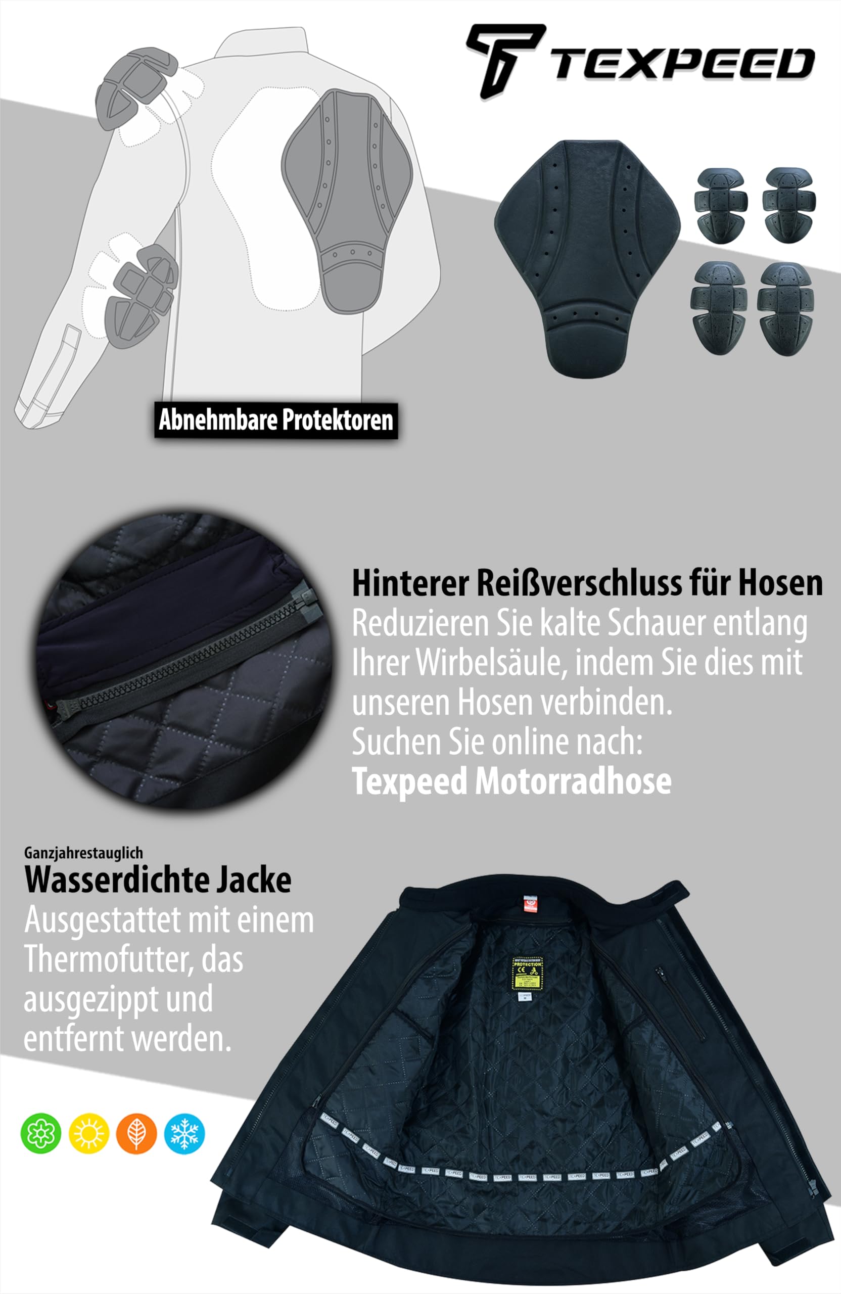 Texpeed Motorradjacke Herren Mit Protektoren - Motorrad Sommer Motorroller Biker Wasserdicht Jacke Mit Rüstung (EN 1621-1) Schwarz - XL