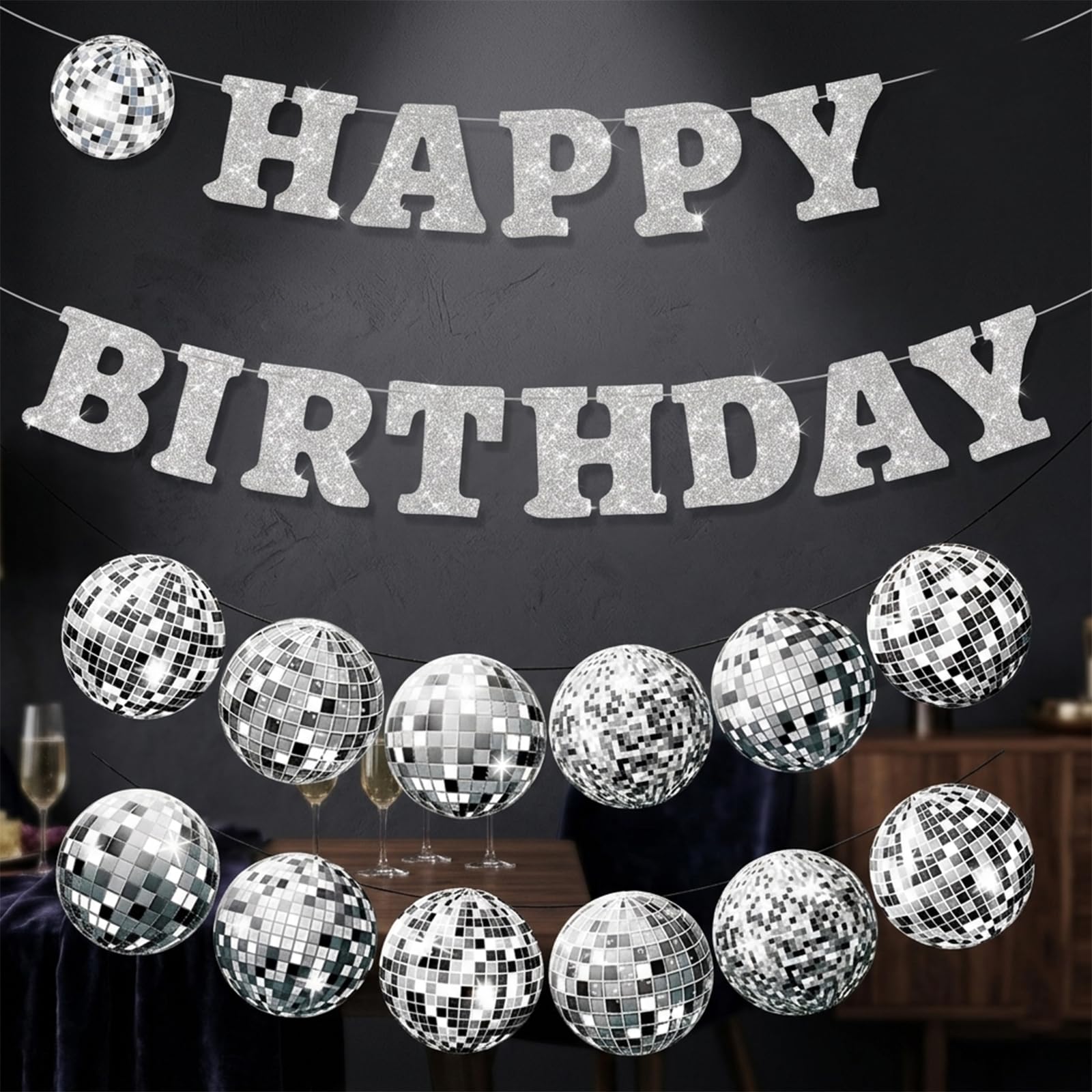 Birthday Decorations 2 Piece Set - Silver Disco Ball Garland & Happy Birthday Banner for Adult Party, Retro Theme Party Decorations
