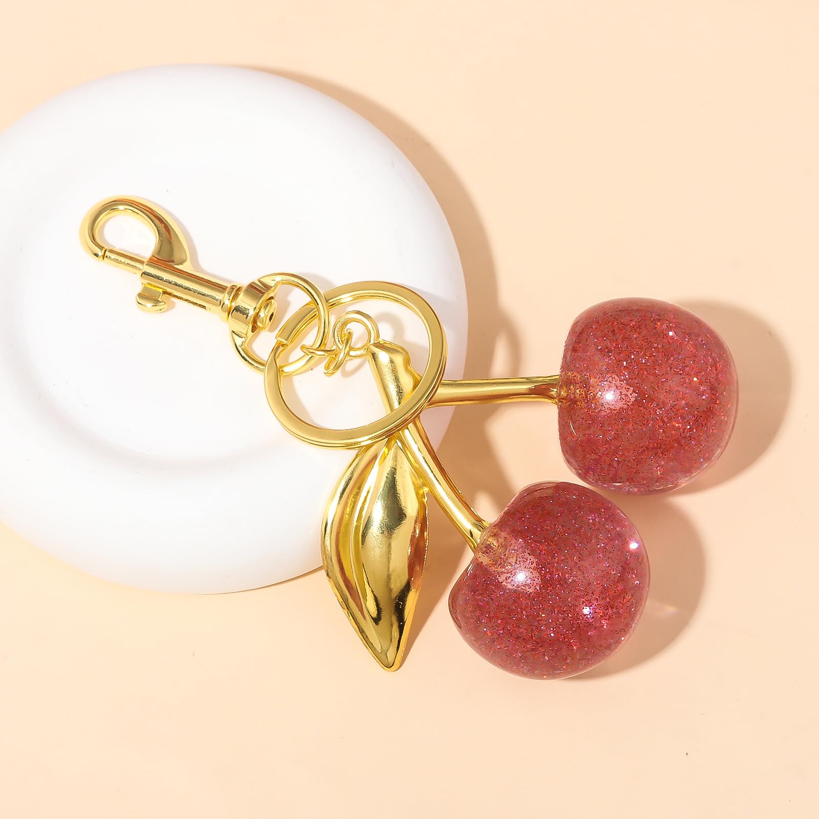 Llavero con dije de cerezo para mujer, bonito bolso de mano, accesorios con purpurina, cereza, regalos de lujo