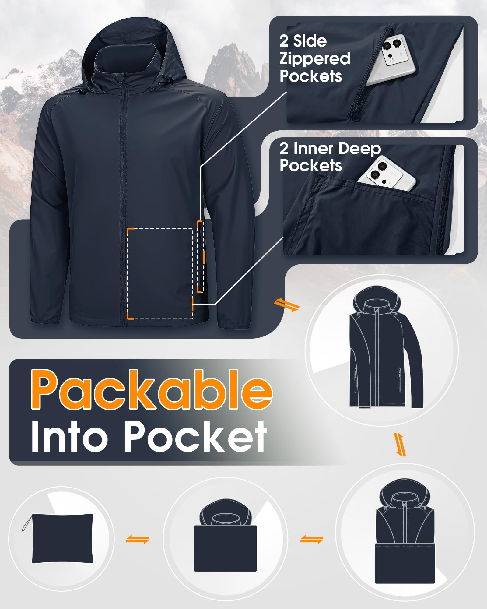 33,000ft Chaqueta impermeable para hombre, ligera, plegable, cortavientos con capucha para golf, senderismo, viajes