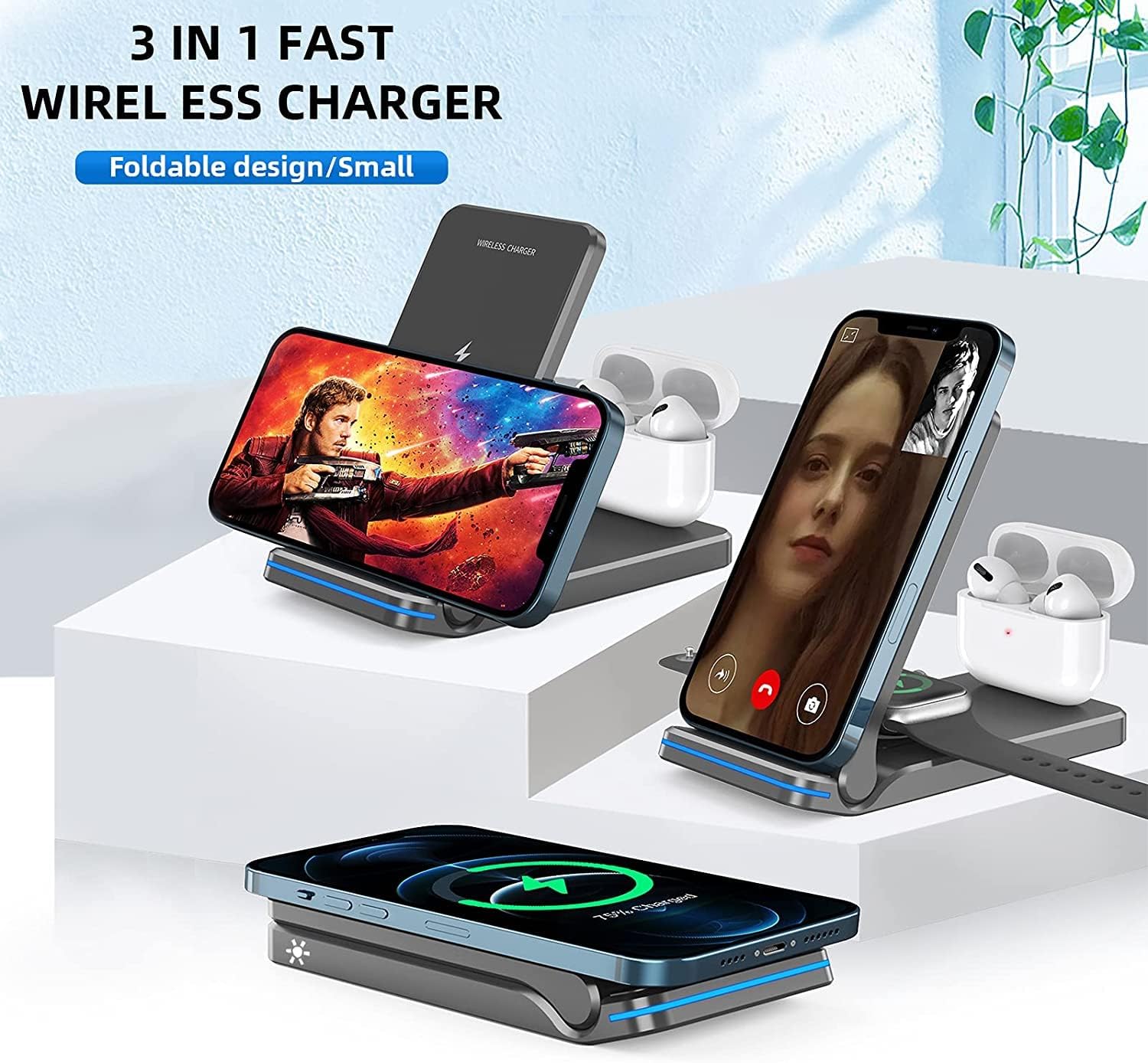 Foldable Wireless Charger for Apple Watch Series 8/Ultra/SE 2,3 in 1 Charging Station for iPhone 14 Plus Pro Max/13/12/11, Fast Charger Stand for iWatch 7/6/5/4/3/2/,AirPods Pro 2,with Adapter(Black)