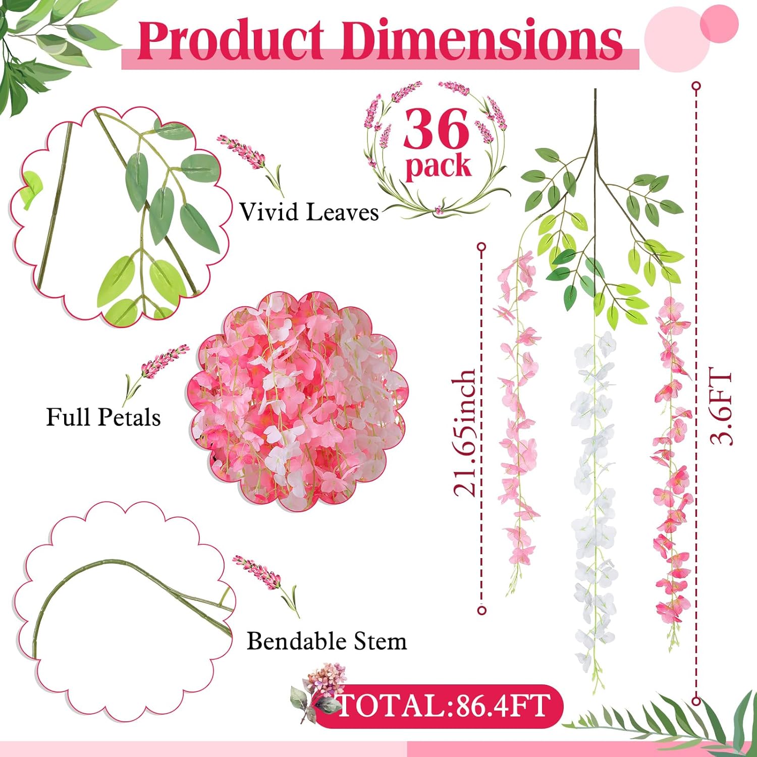 36 Pcs Wisteria Hanging Flowers 3.6 Feet Artificial Fake Wisteria Flower Vine Garland Ratta for Backdrop Wedding Decor Home Party (Pink,White)