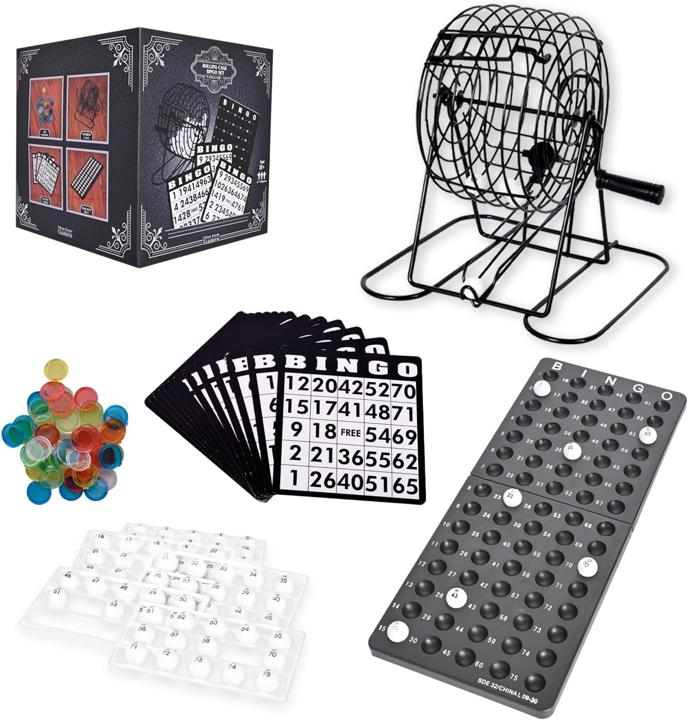 Elbow Room Games Rolling Cage Bingo Set, Includes Numbered Balls, Reusable Bingo Cards, Markers, Sturdy Metal Roll Cage, and Plastic Number Holder, Perfect for Family Game Nights and Parties