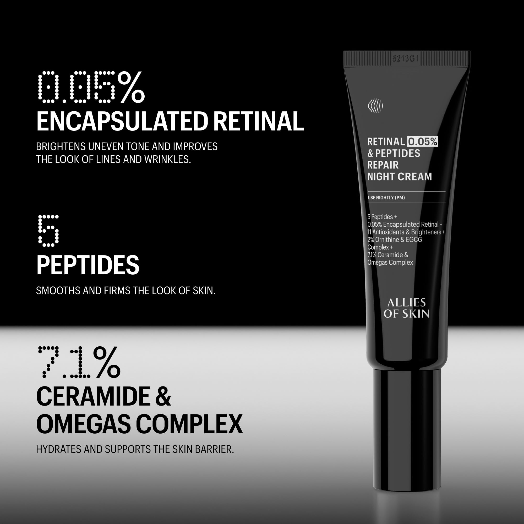 Allies Of Skin Retinal 0.05% Peptides Repair Night Cream with 0.05% Encapsulated Retinaldehyde, Peptides, 2% Ornithine, EGCG Complex, 11 Brighteners, Antioxidants, and 7.1% Ceramide & Omegas Complex