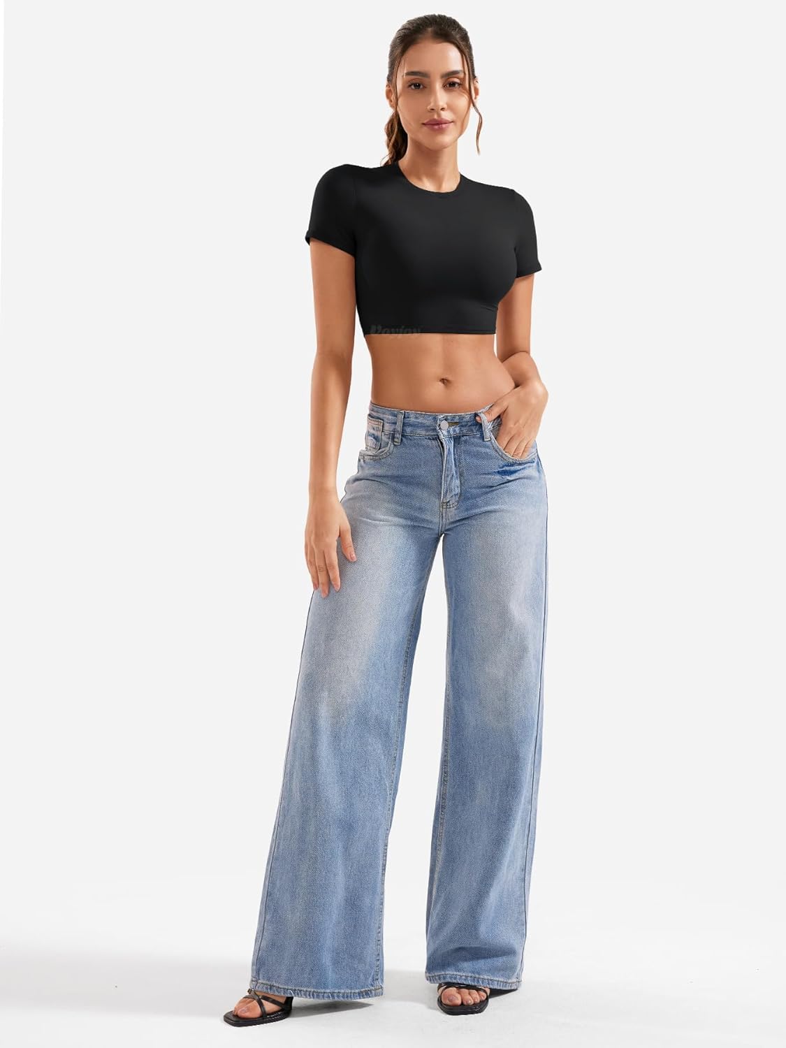 VOYJOY Womens Double Lined Fitted Short Sleeve Crop Tops Crew Neck Casual Workout T Shirts Cute Basic Tee - Image 3