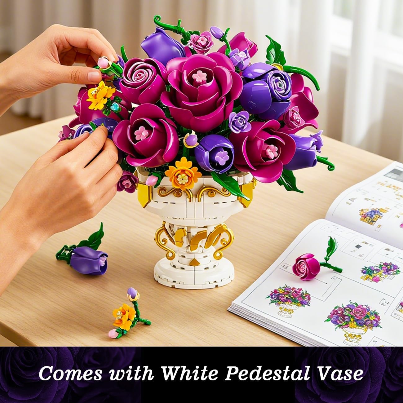 PLAXSOON Purple Rose Flower Building Set with Vase, 969 PCS Botanicals Flowers Bouquet Building Block Kit, 18 Roses Bonsai Collection Home Decor, Valentine's Day Gift for Adults Women Boys Girls 12+