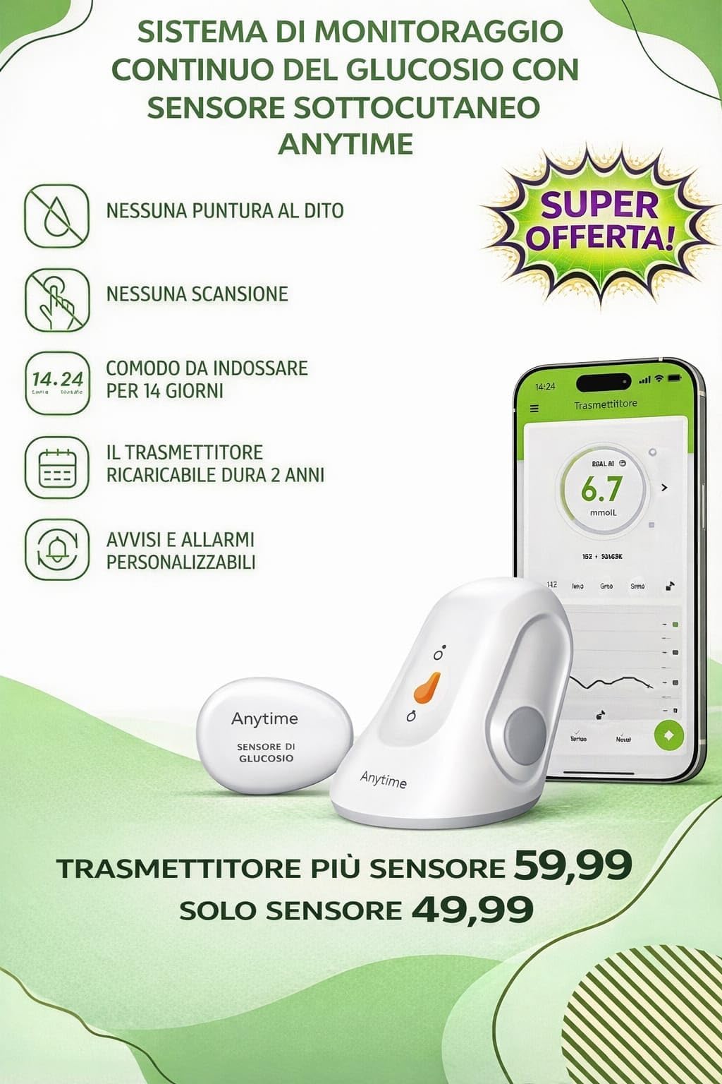 Sensore Sottocutaneo Monouso con Auto-Applicatore per Monitoraggio Continuo della Glicemia | Ricambio per Sistema di Controllo Glucosio | 14 Giorni di Utilizzo!