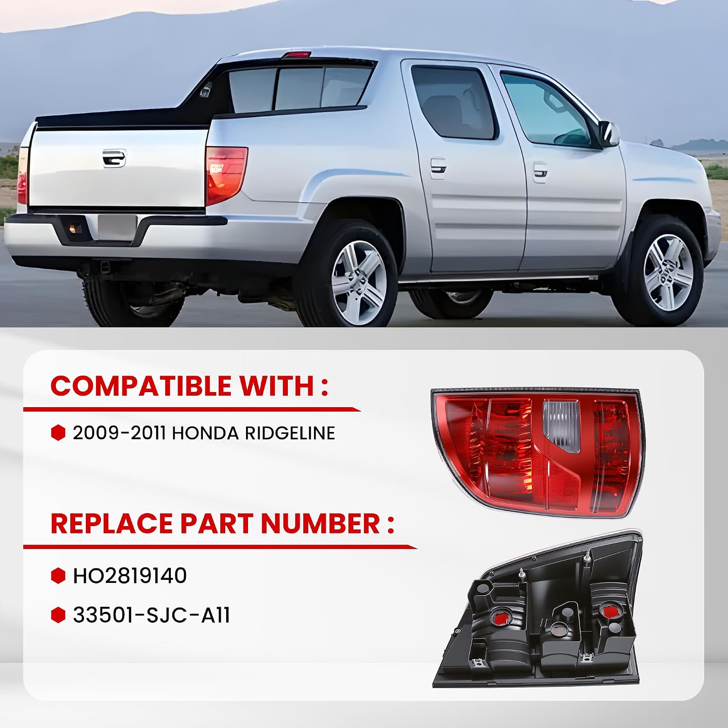 Tail Light Assembly Compatible With 2009-2011 Honda Ridgeline Replacement for HO2819140 33501-SJC-A11 Taillight Rear Lamp