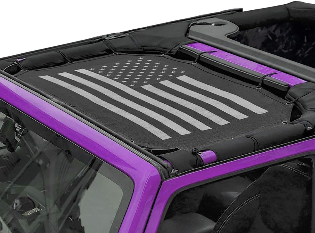 Sunshade Mesh Shade Bikini Freedom Top USA Flag Cover Provides Front UV Sun Protection Fit Jeep Wrangler Unlimited JK JKU (2007-2018) 2 Door 4 Door Safari Screen (Black and White American Flag)
