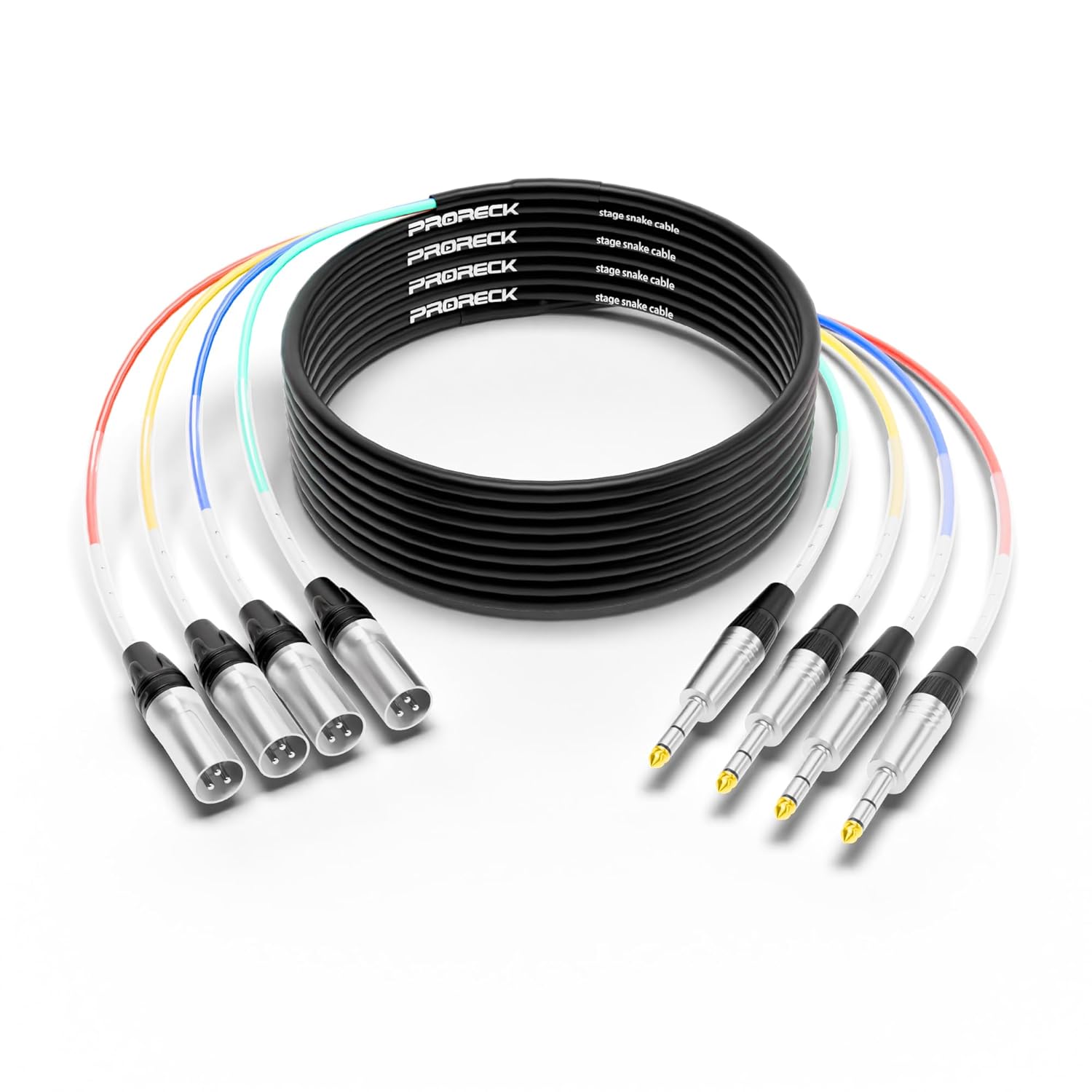 PRORECK 20ft Snake Cable, 4-Channel Shielded Audio Cable 1/4'' TRS to XLR Male, with Color-Marked Connectors for Professional Stage, Studio, and Live (PR-TRS/XLR-4 * 20M)