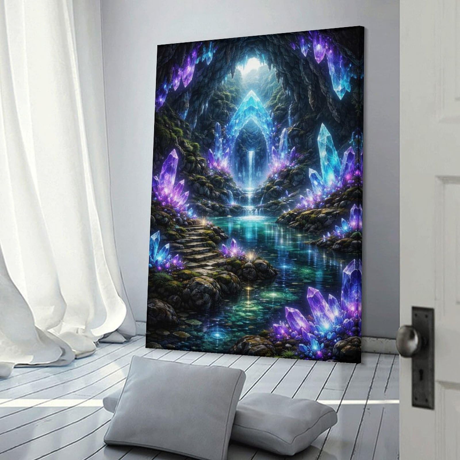 Junmoney Frame-Style-20 Enchanted Crystal Cave Waterfall Wall Picture Print, 24X36inch(60X90cm), For Living Room, Bedroom, Office Or Hallway, An Adaptable Decor Piece For Home Use