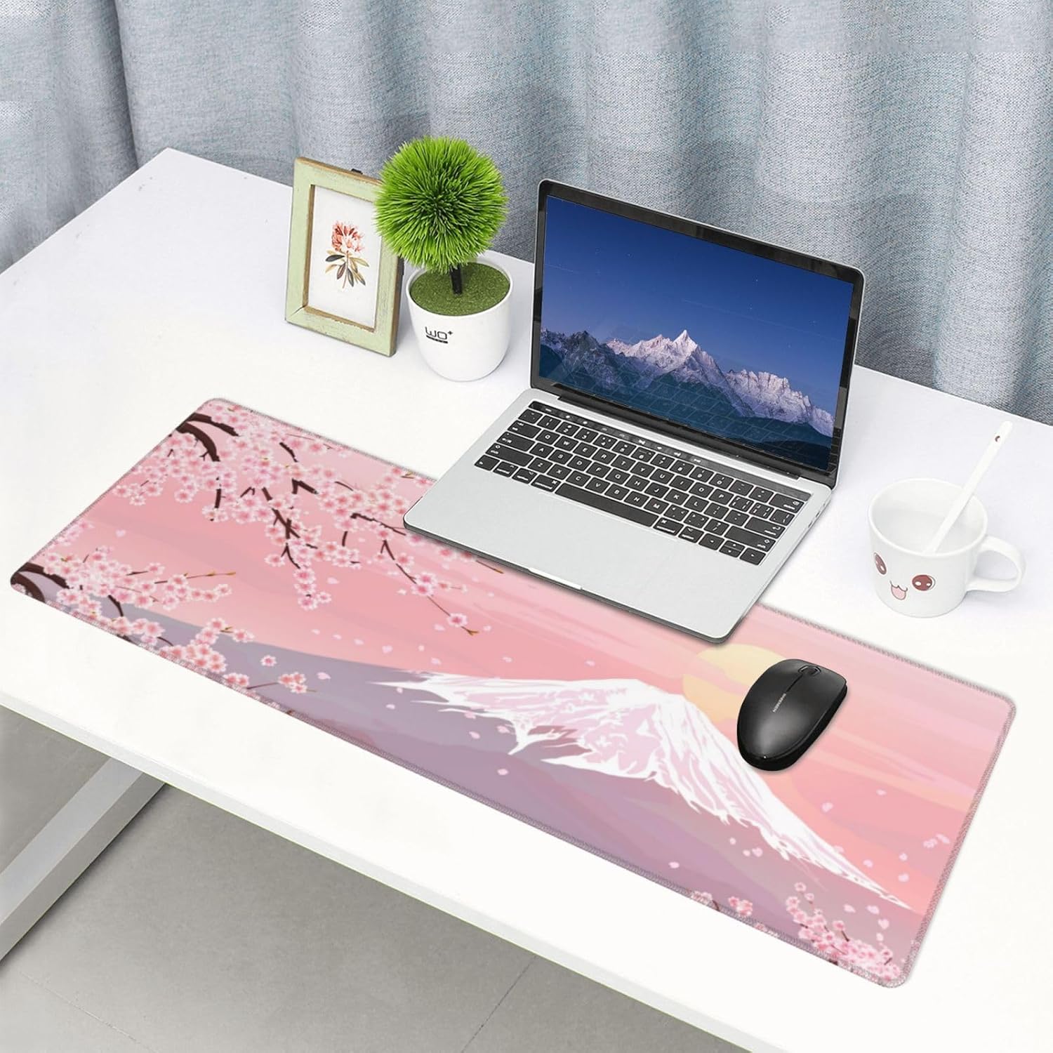 Cherry Blossom Mount Fuji Large Gaming Mouse Pad, Mouse Pad Gaming 31.5×12 in Mouse Mat Desk Pad, Large Desk Mat, Extended Keyboard Mousepad with Non-Slip Base and Stitched Edge