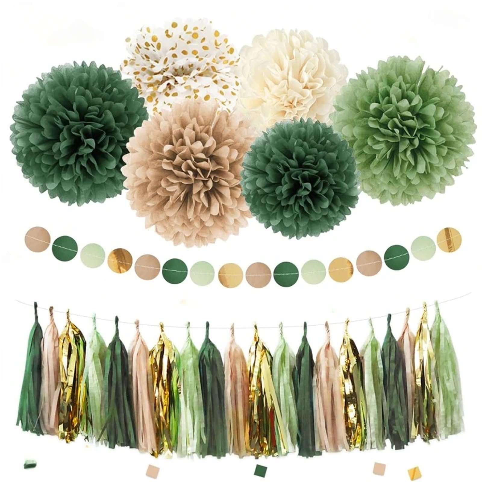 Paper Pom Poms Decorations Green Wedding Party Decorations Tissue Paper Pompoms Circle Dots Garlands Tassels Hanging for Birthday