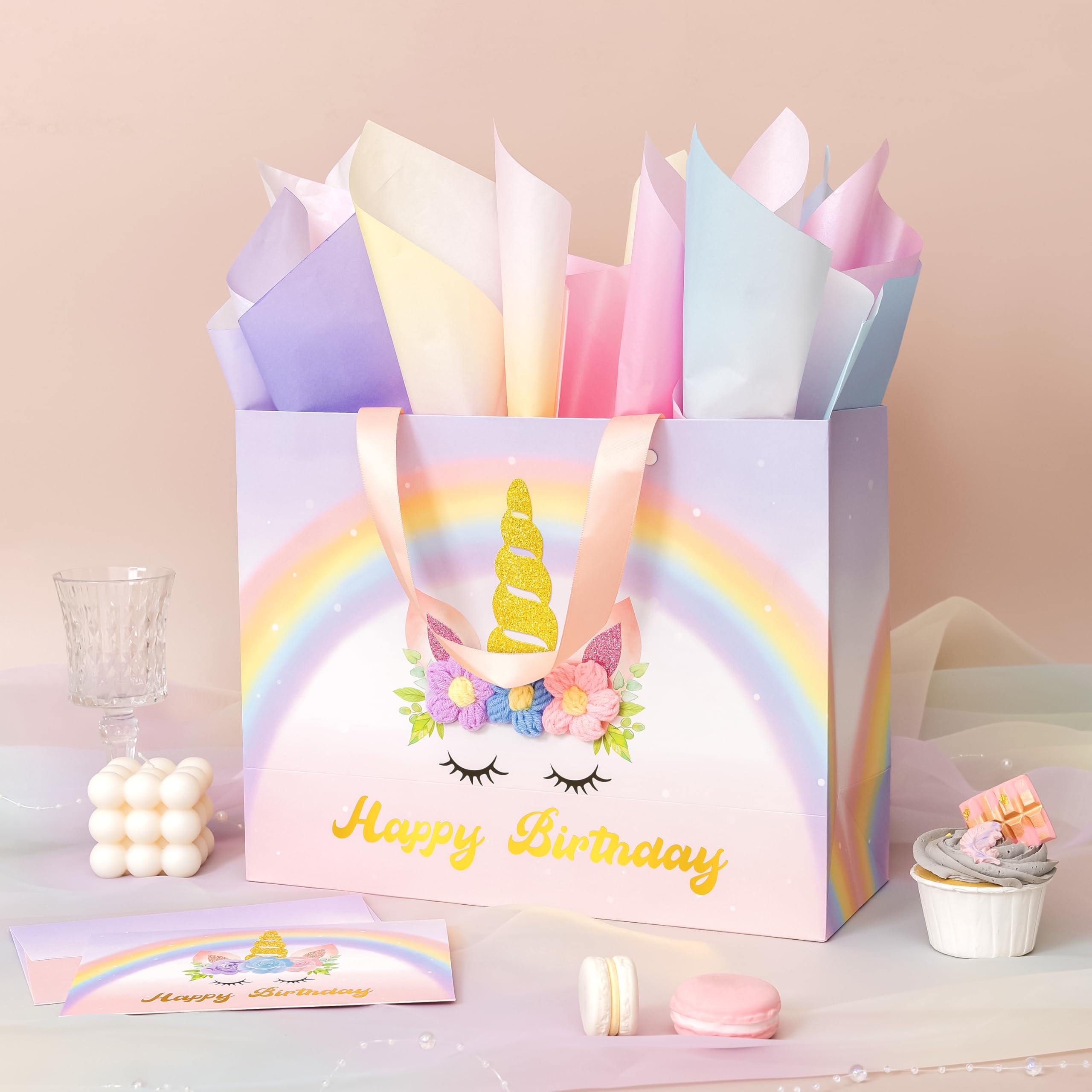 Crisky Unicorn Birthday Bags for Girls with Card & Tissue Paper, Birthday Gift Bags for Kids Baby Daughter Bday Party Decorations Gift Ideas