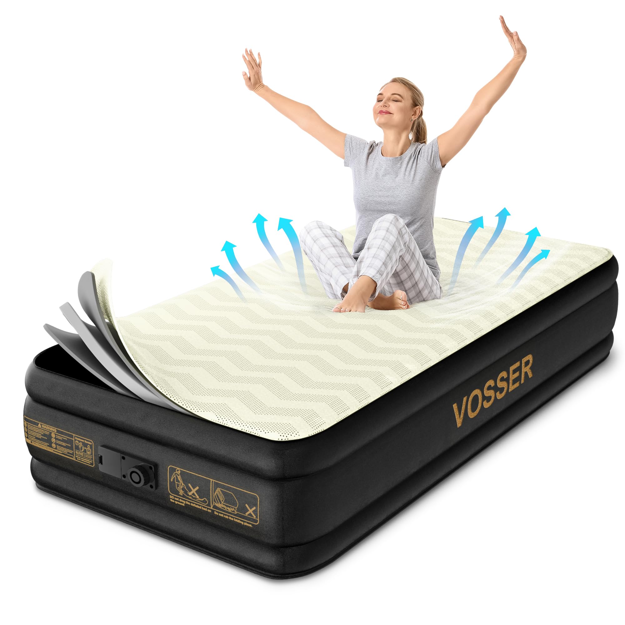 VOSSER Twin Air Mattress with Built in Pump,18'' Foam Topper Blow up Bed
