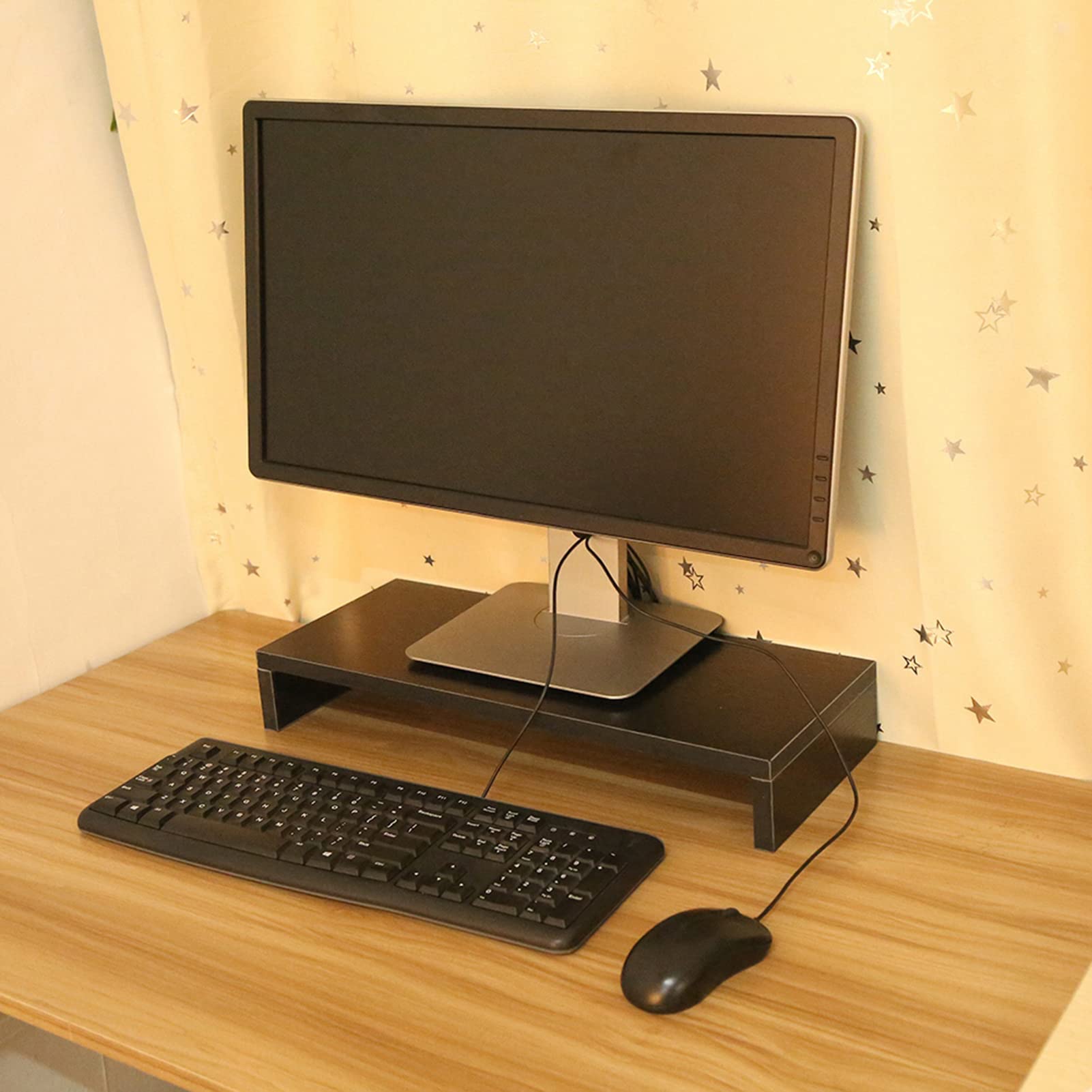 Ejoyous Supporto Rialzato per Monitor in Legno, Scaffale Organizer da Tavolo Salvaspazio, Multifunzione per PC Laptop Stampante Notebook LCD LED, Nero
