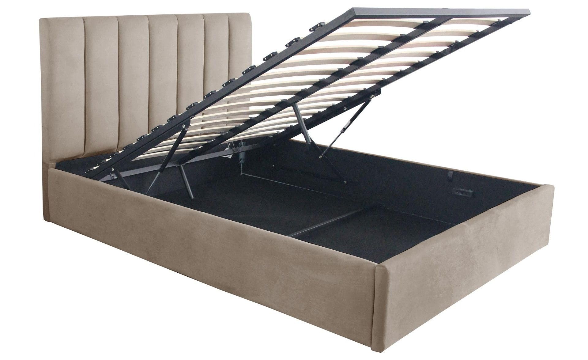 Menzzo Lit Coffre SONGE 140x190 cm Velours Taupe – Lit Double avec Sommier Relevable et Grand Espace de Rangement – Lit Design Moderne Chambre Adulte