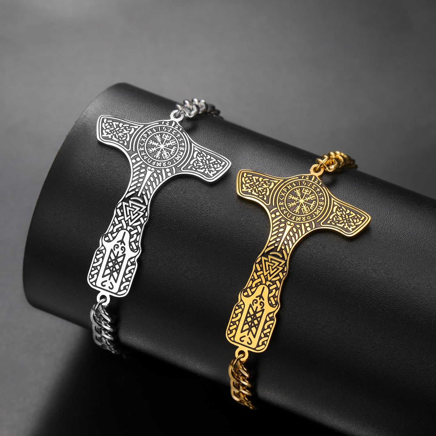 VASSAGO Viking Bracelets for Men, Norse Thor's Hammer Link Cuff Bracelet with Mjolnir Rune Stainless Steel Nordic Vintage Pagan Amulet Jewelry - Image 6