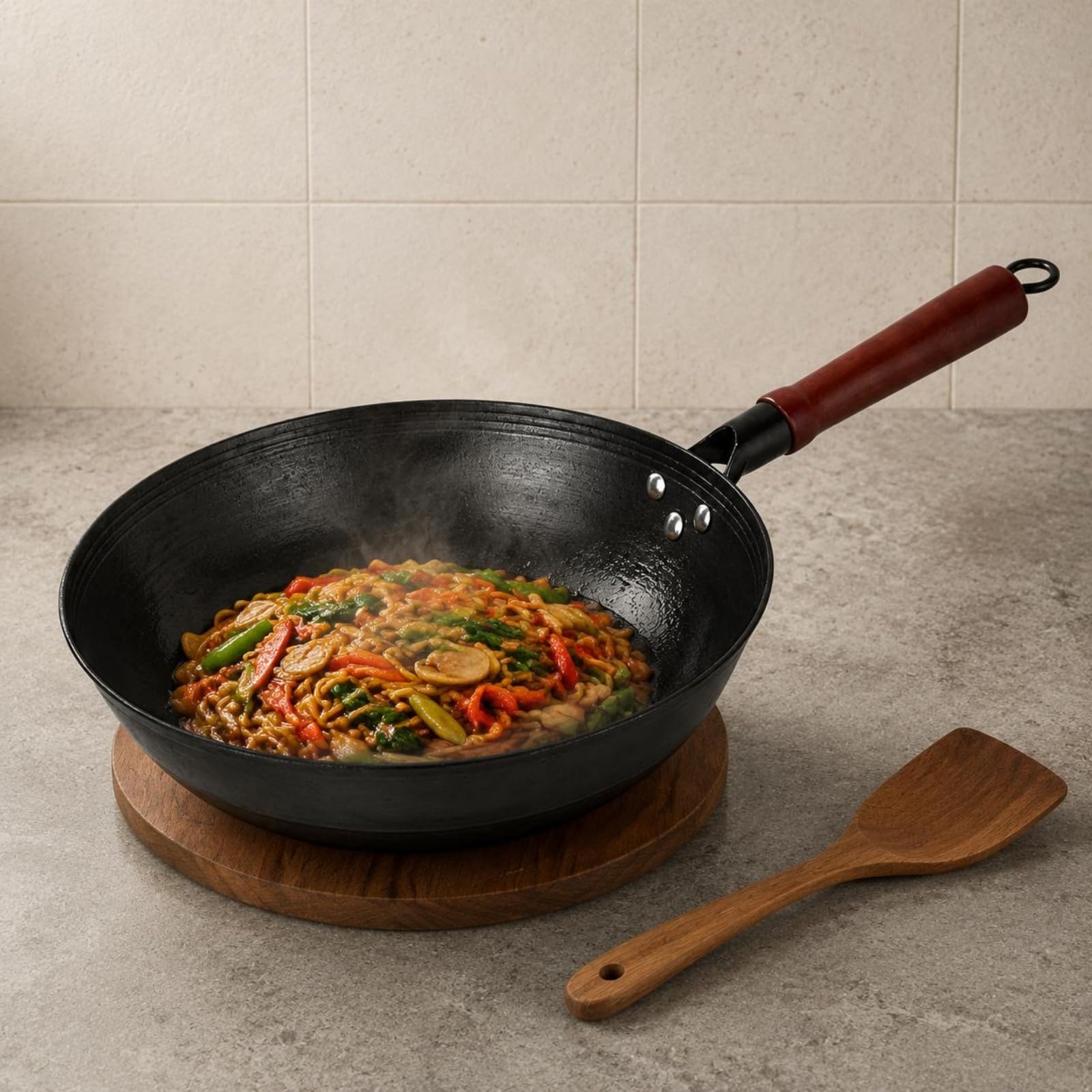Wok de Hierro Fundido Sartén Olla Cazo con Fondo Redondo para Cocción Ágil y Aromática Superficie Curada Que Evita, 30 Cm, Olla Individual De Fondo Redondo De 30 Cm