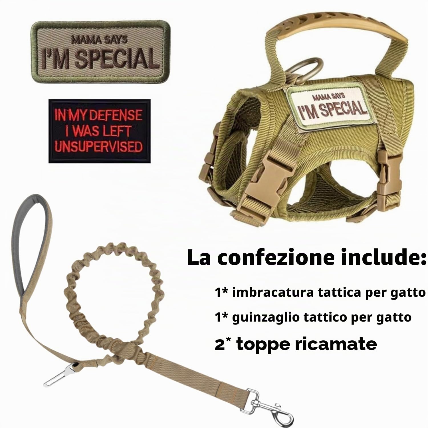 Set di pettorina tattica per gatti e guinzaglio, a prova di fuga, regolabile, con toppe, morbida imbottitura in rete, manico in gomma, facile da controllare (imbracatura e guinzaglio kaki)
