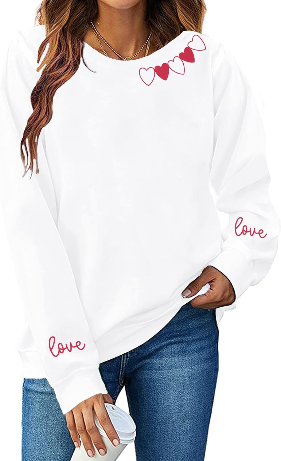 FAYALEQ Valentines Sweatshirt Women Love Heart Graphic Long Sleeve Shirt Cute Valentine's Day Pullover Top