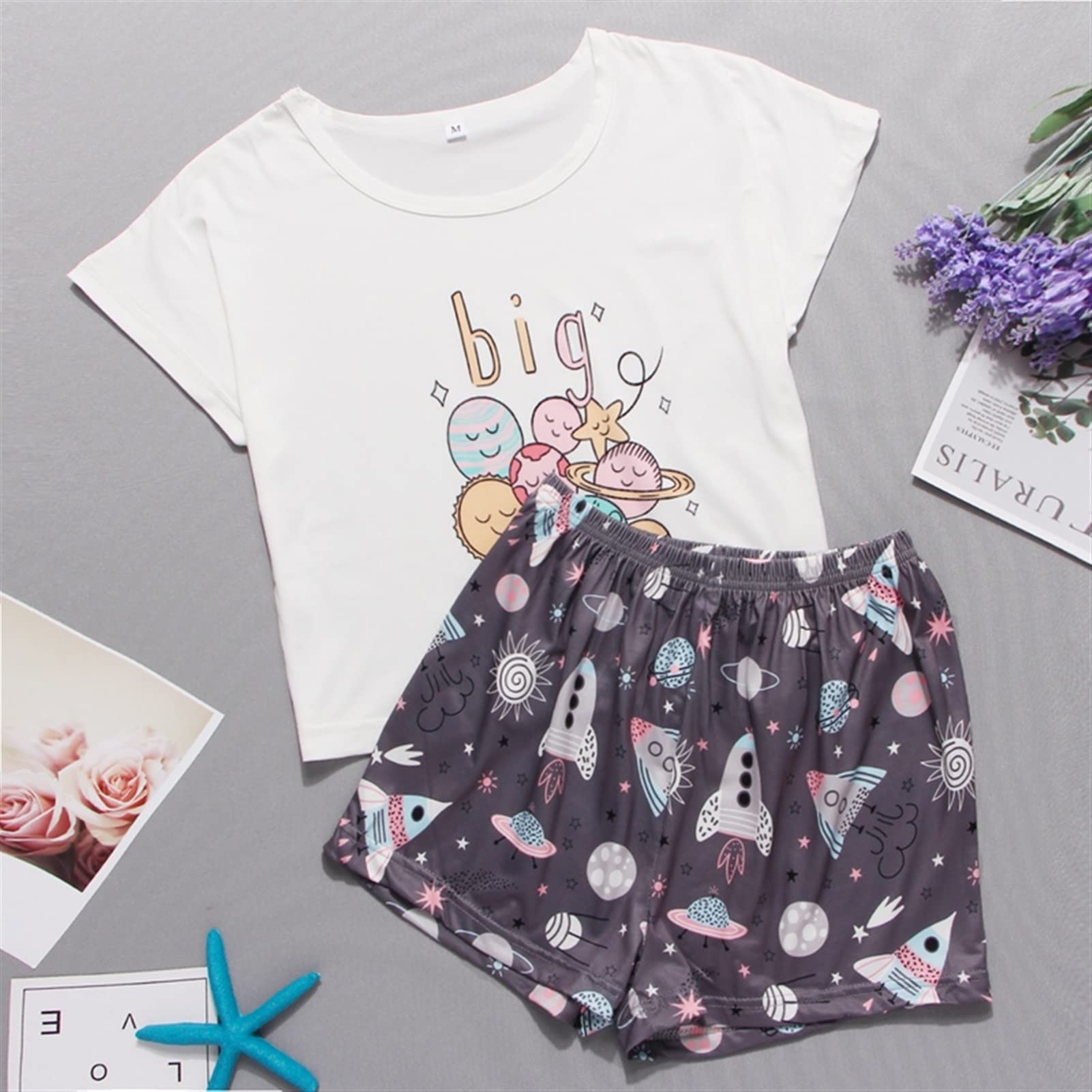 Wxbc Pigiameria da Donna Simpatico Cartone Animato Stampa Set Corto Pigiama per Donna Pigiama Set Dolce Manica Corta con Scollo A V Pantaloncini Estivo Pijama-24,S