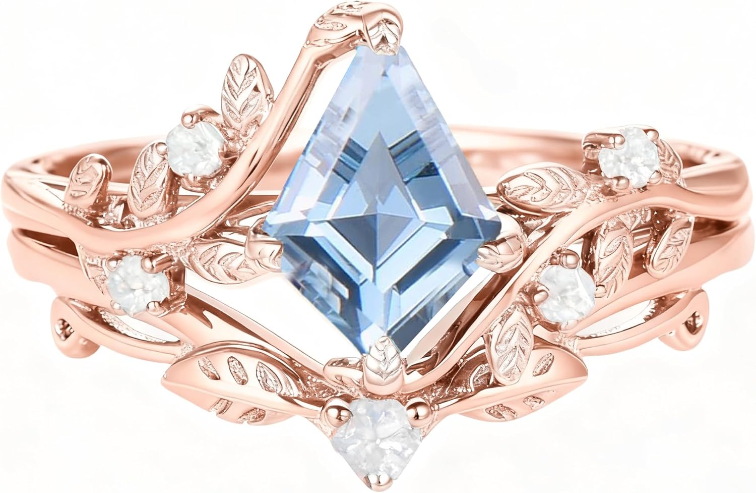 Kite Gemstone Engagement Ring Set for Women 925 Sterling Silver Kite Cut Gemstone Wedding Ring Set Vintage Inspired Leaf Art Deco Bridal Rings Set for Her Free Engraved