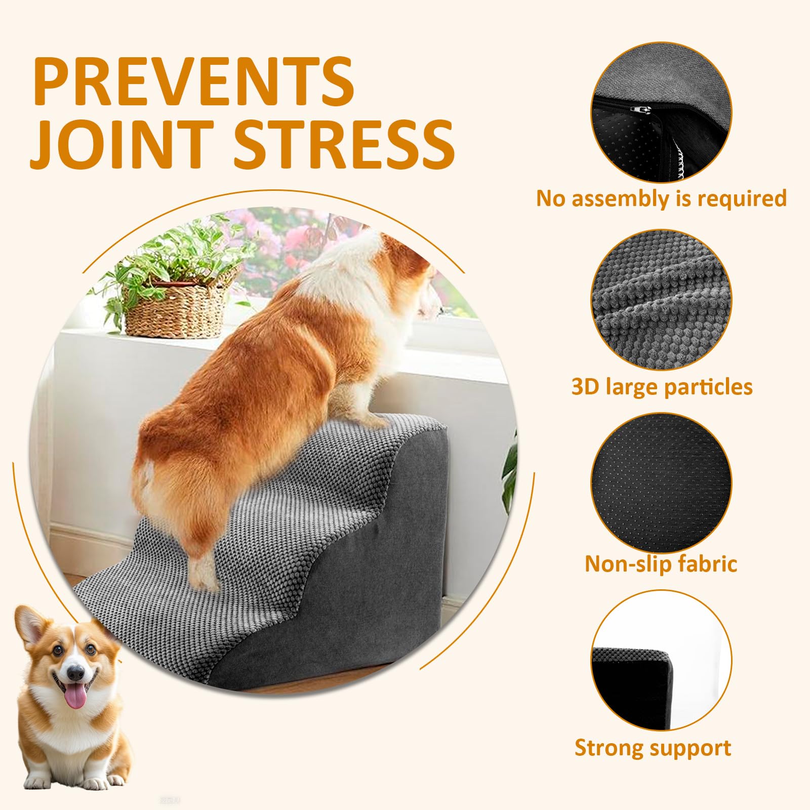 Haustiertreppe Hundetreppe 35cm 3 Stufen rutschfest mit Waschbarem 3D Cordbezug, Hundetreppe für Kleine Hunde Hochwertige Schwamm, Hunderampe für Kurzbeiniger Hund
