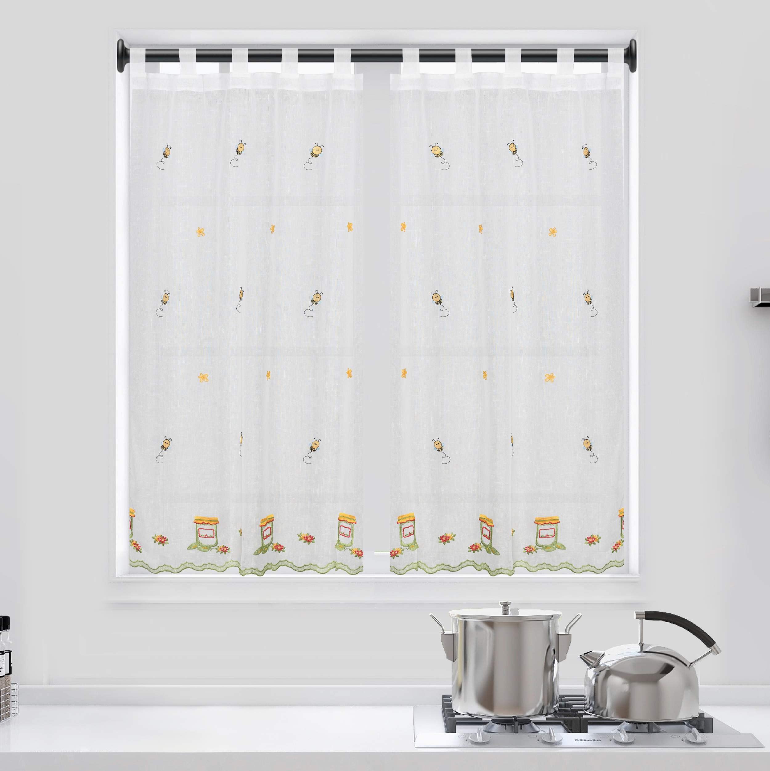Dalina Textil - Cortina de Cocina Translúcido con Bordado, Cortina Media Altura para Cocina, Comedor, Marco de Puerta Tejido Gasa Fina(2 Piezas 100 x 140 cm, Abejas)