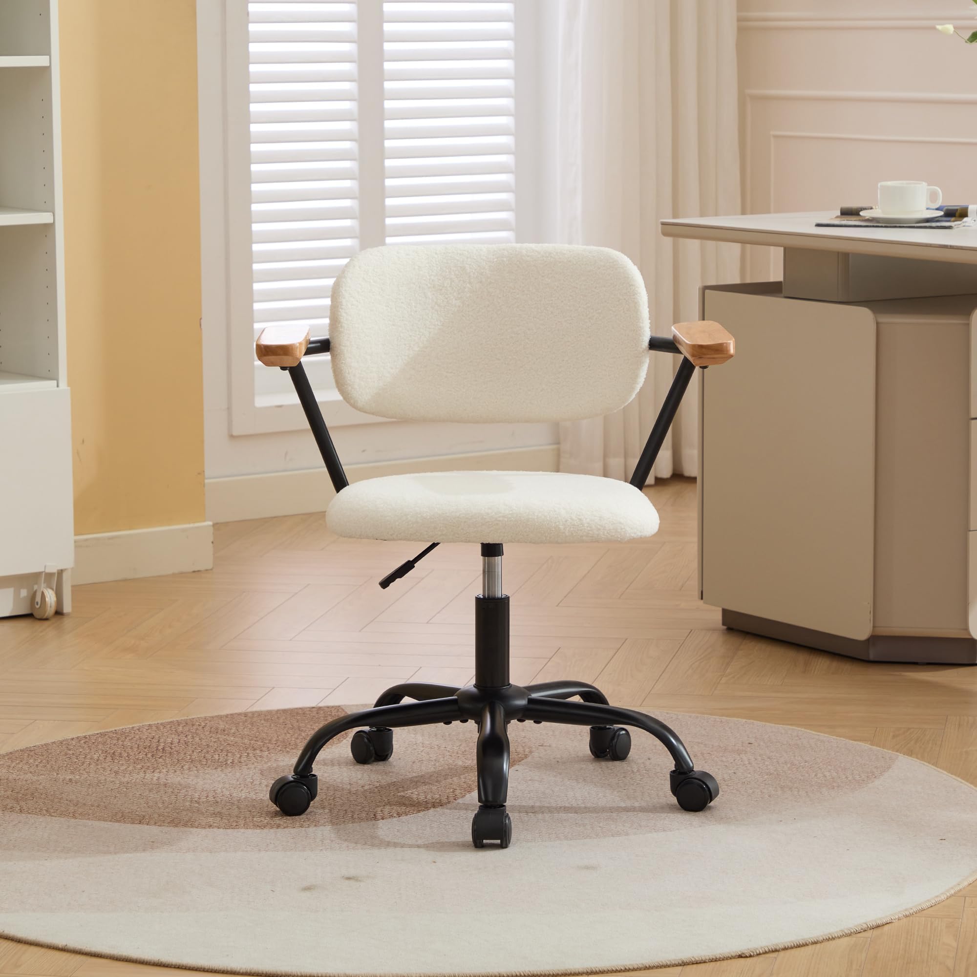 YITAIOffice Desk Chairs with Wheels Comfortable Accent Chairs,Cute Computer Chair with Wood Armchair Simple Rotatable Lifting Hotel Chair,Gaming Chairs,Vanity Chairs for Bedroom,Study,Cream