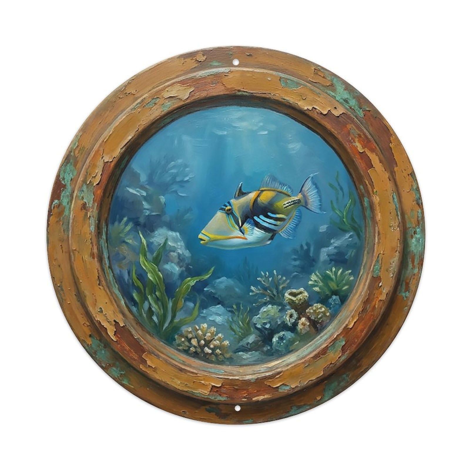 Vintage Porthole Triggerfish Ship Window Undersea Deep Sea Metal Tin Sign
