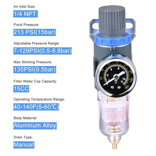Miniatura 10 de ZHONG AN Regulador de presión del filtro de aire NPT de 14 de pulgada, filtro de compresor de herramienta de aire trampa de agua con indicador